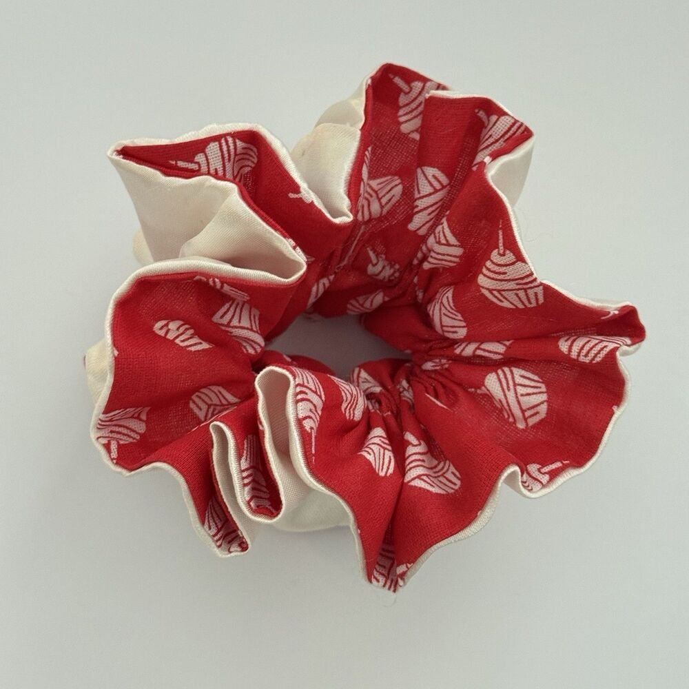 Handmade Red & Cream Scrunchie Hair Tie Ruffled Elastic Ponytail Holder - Picture 13 of 13
